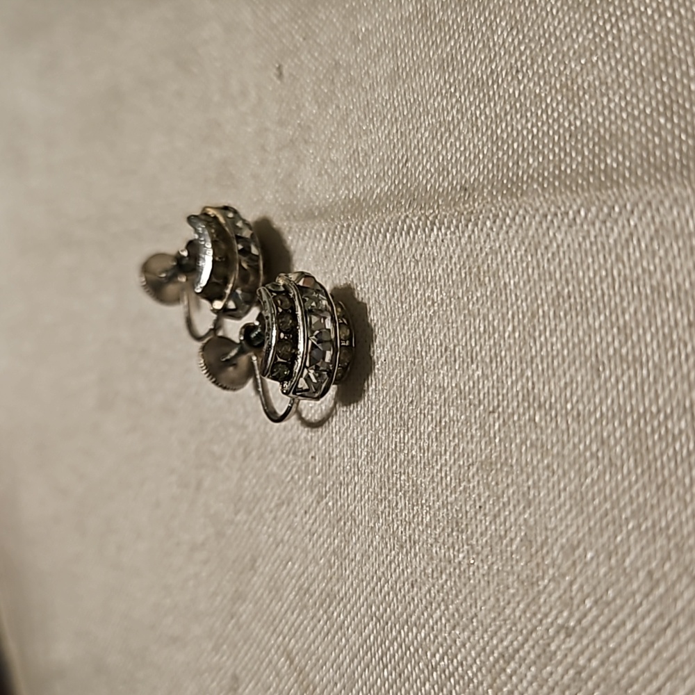 Silvertone and Clear Rhinestone Screw Back Earrings - Picture 3 of 4